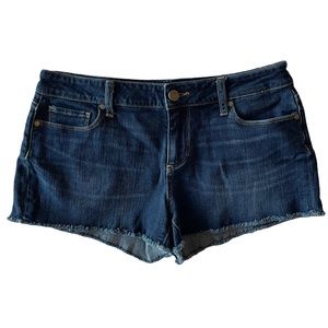 Paige Catalina denim shorts, lightly frayed hem, dark blue, stretch, size 28
